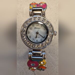 Working Geneva Silver Watch with Mother-of-Pearl Dial and Multicolor Accents